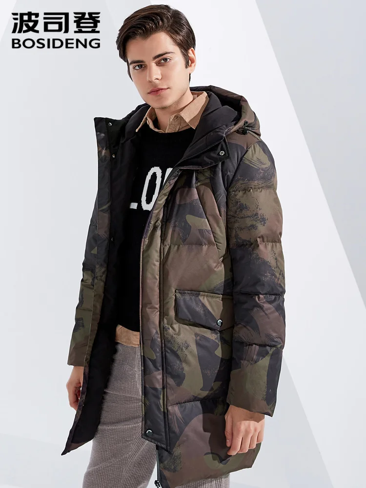 

BOSIDENG Hooded medium length down jacket men's warm fashionable coat camouflage trend in winter B80142581DS