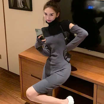 

Women High Collar Patchwork Dress Autumn Winter Turtleneck Long Sleeve Mini Dress femme Vestidos