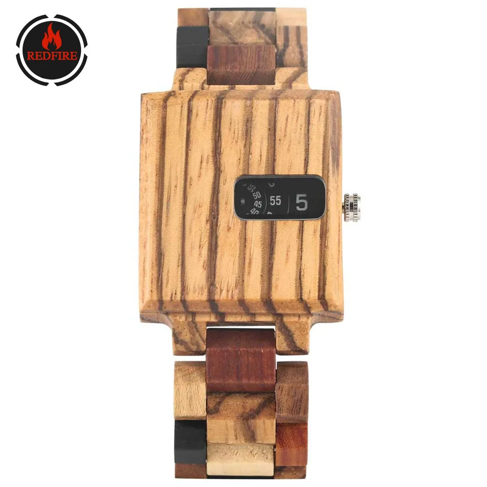 

REDFIRE Mixed Color Full Wood Watch Band Men's Watch Rectangle Zebrawood Wooden Clock Quartz Mens Watches Turntable Display Dial