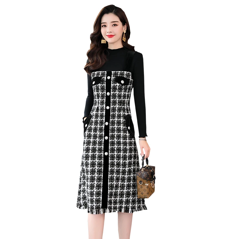 

Vintage Women Plaid Dress Set 2019 Autumn Winter Checked Tassel Tweed Buttons Strap Dress + Black Ruffle Top Two Piece Set Suit