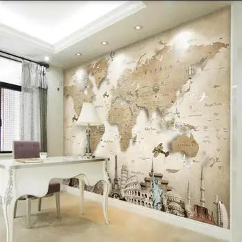 

Retro nostalgic cartoon world map background wall custom large mural green wallpaper papel de parede para quarto