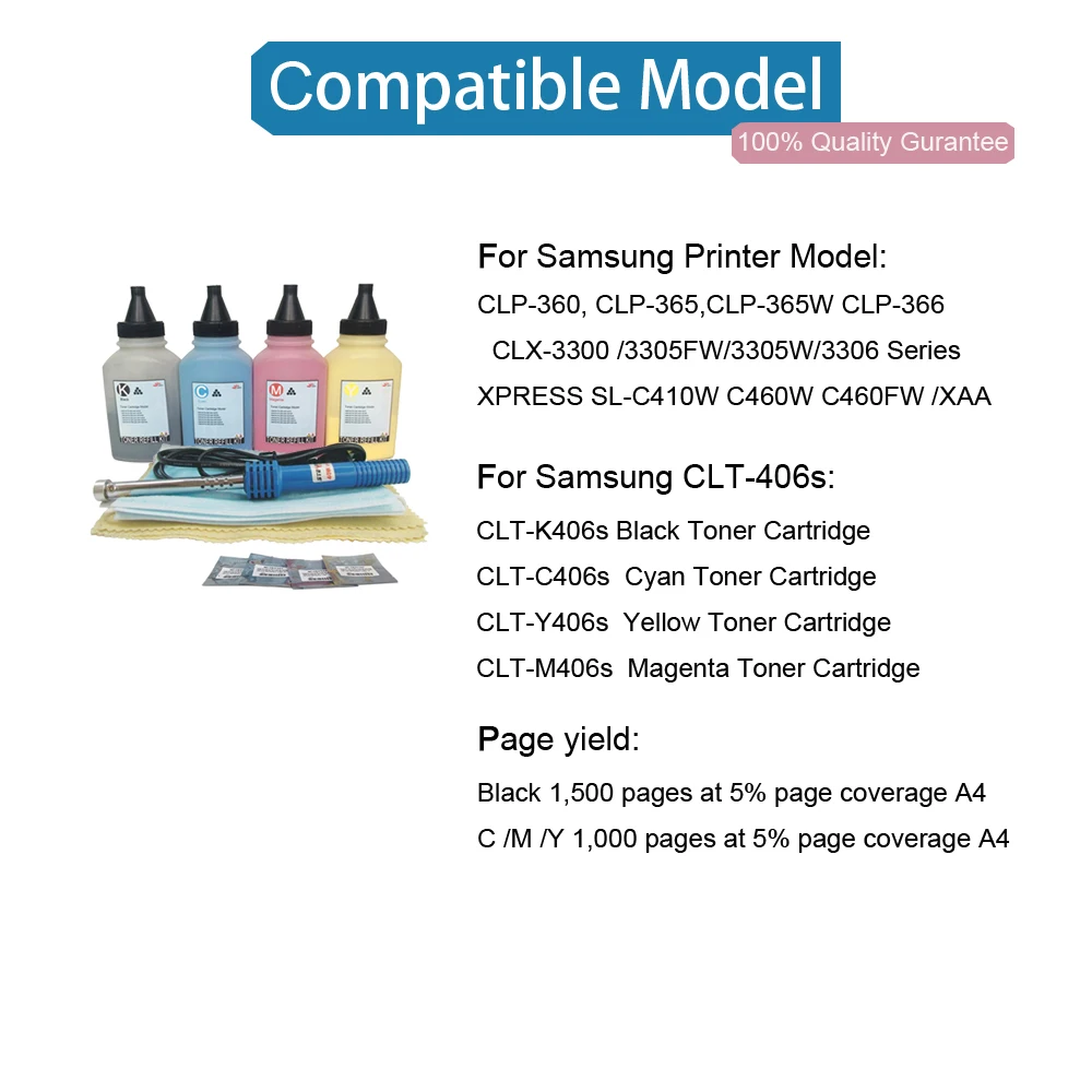 4 шт. набор для заправки тонера + чипы Samsung Xpress CLT 406s C410w C460fw C460w чип 365 Вт Φ CLX 3305 3305fw