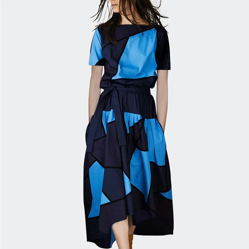 

Short Sleeve Joint Contrast Color Dress Summer 2019 Popular WOMEN'S Dress New Style France Non-mainstream Elegant A- line Skirt