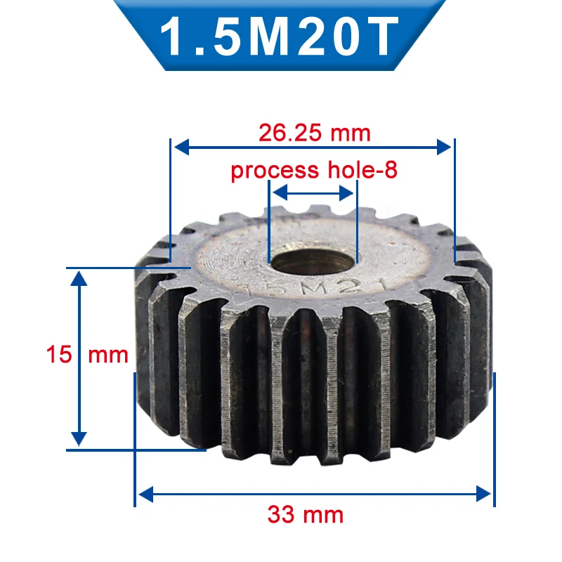 저탄소강 소재 스퍼 기어 휠, 플랫 기어, 총 높이 15mm, 프로세스 홀 기어 휠, 1.5M, 20, 21, 22/23 톱니, 8mm, 1 개