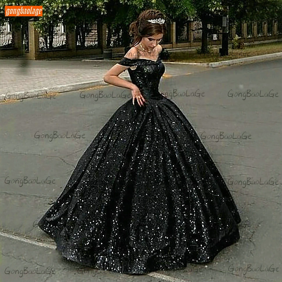 Glitter Black Evening Gowns Long 2021 Lace Up Robe De Soiree Off Shoulder Sequins Ball Gown Women Dresses Sexy Vestidos De Noite long evening dress