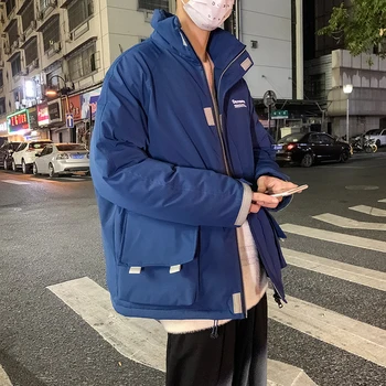 

Winter New Thick Jacket Men's Warm Fashion Parka Men Solid Color Large Pocket Stand Collar Coat Man Loose Cotton Tooling Jacket