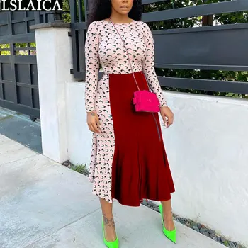 

2 Piece Set Women Skirt and Top Print Long Sleeve Patchwork Lounge Wear Set Streetwear Party Club Plus Size 2 Piece Set Women