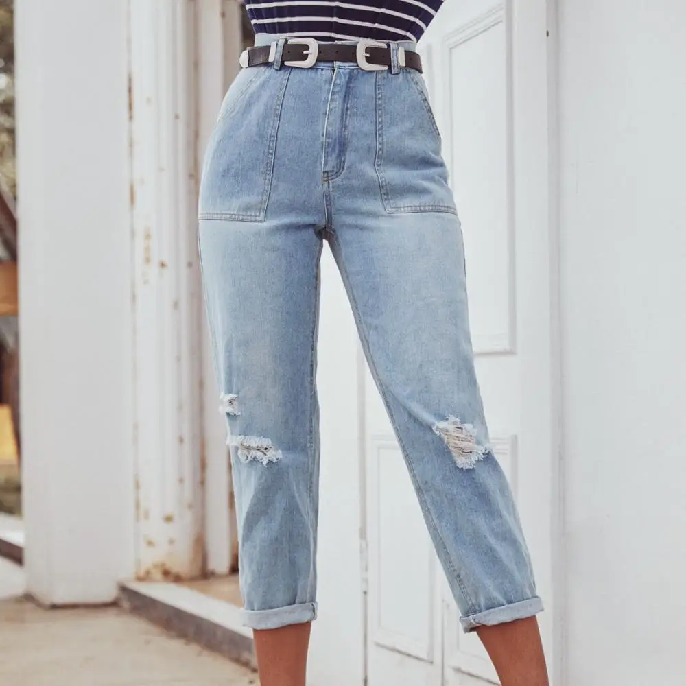 

Hole ladies jeans cuffs casual ladies nine points jeans high waist ladies nine points jeans fashion slim ladies jeans