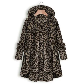 

winter coat women parka Button Leopard Coat soft Fleece Asymmetrical Hem Hooded Pullover Top manteau femme jacket