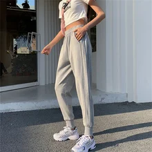 

Real shot 2021 autumn and winter pants loose harem cropped trousers reflective striped feet running sports pants women