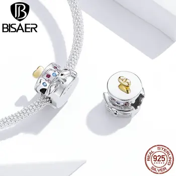 

BISAER 925 Sterling Silver Cake Party Charms Rainbow CZ Pendant Cake Beads Fit Bracelet Necklace Engagement Jewelry Gift GAC267