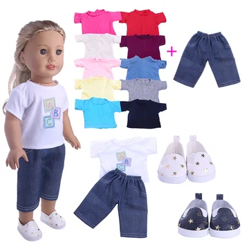 

2 Pcs/Set=T-shirt + Jeans Fit 18 Inch Girl Doll & New Born Baby Doll 43 CM,Toys For Girl,Our Generation Doll Clothes Accessories
