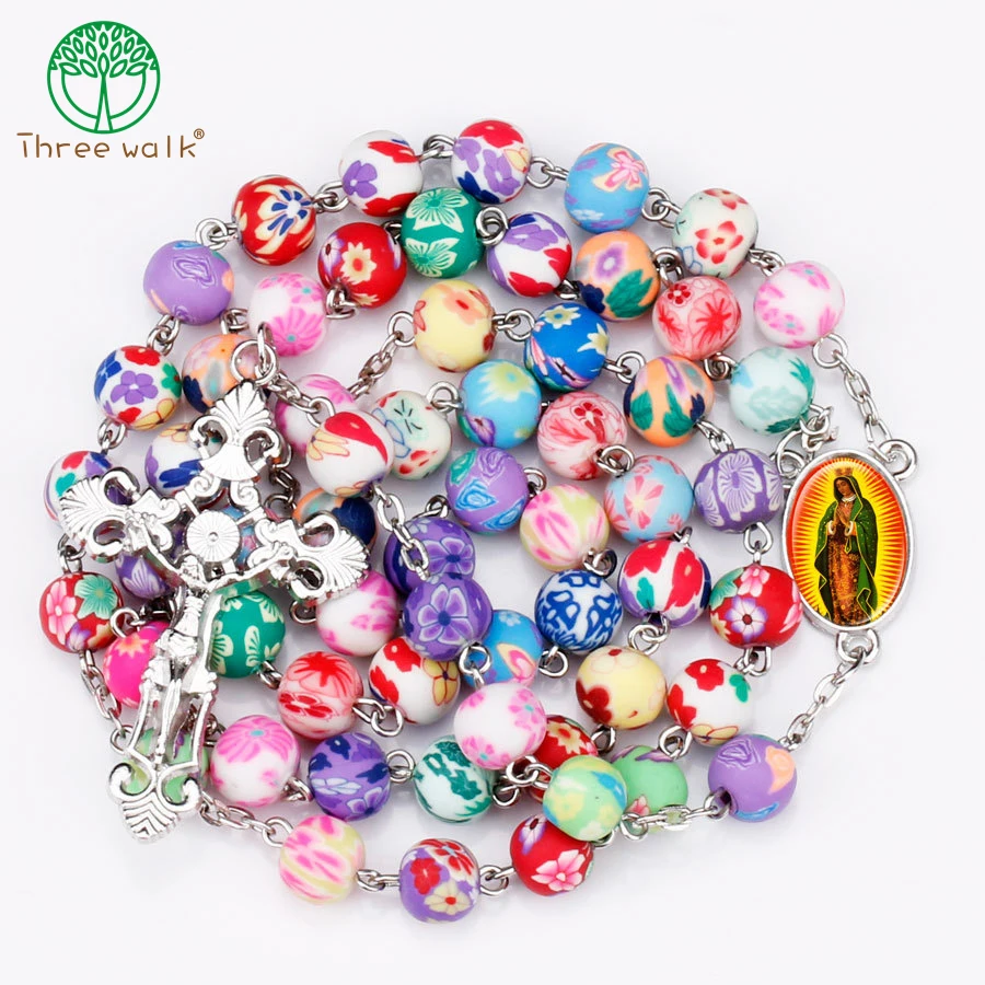 

Polymer Clay Beads Catholic Rosary Cross Pendant Necklace Statement Colorful Beads Religious Maxi Necklace For Women