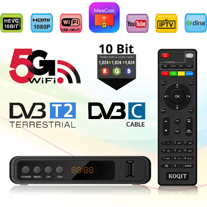 Koqit 5g Dvb T2 Tuner Hevc Europe Decoder Dvb T2 Italy Dvb C H265 10bit Digital Terrestrial Iptv Tv Box Meecast Stick Tv Control Satellite Tv Receiver Aliexpress
