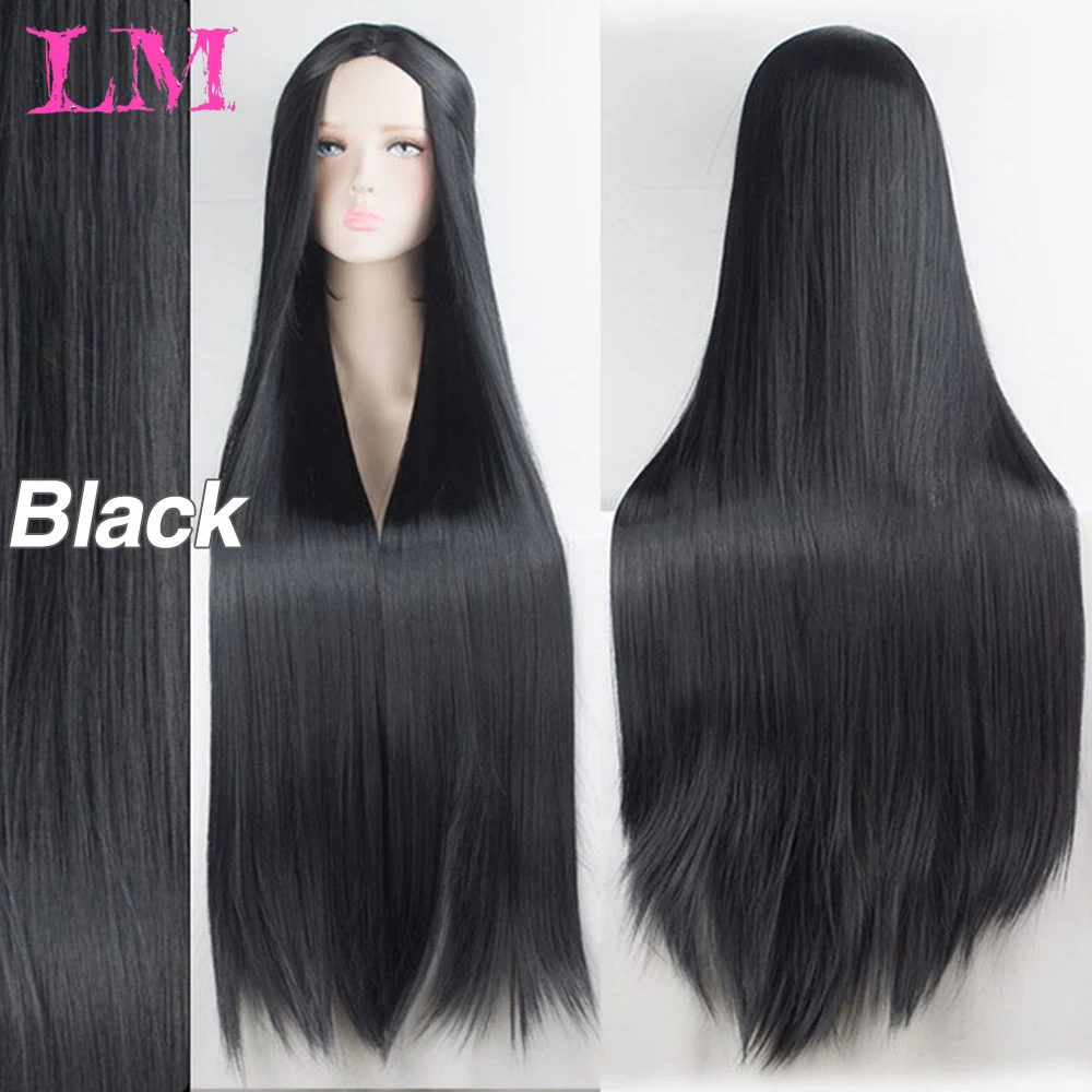 

LiangMo Gray Pink Wig Synthetic High Temperature Ms. Cosplay Wig 38" Black Straight Hair