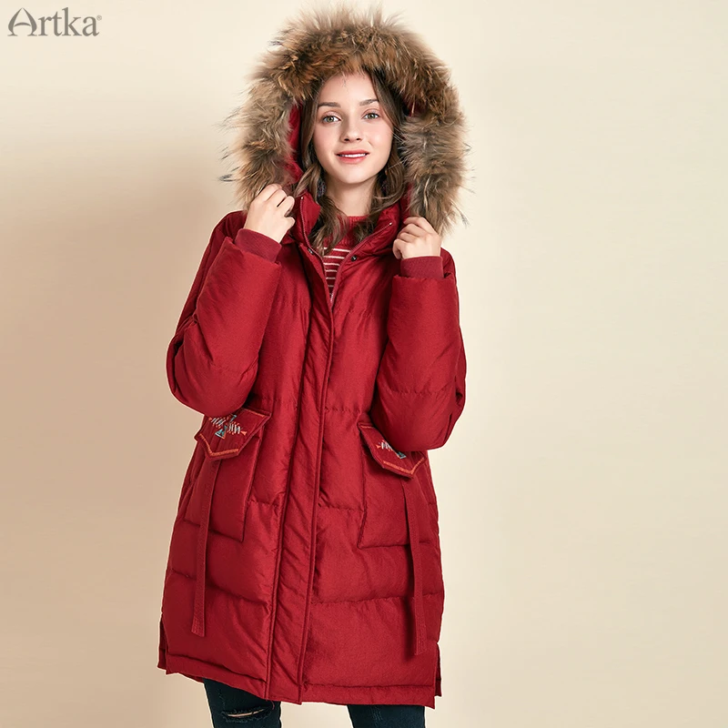 ARTKA 2019 зимнее Новое Женское винтажное пальто на 90% белом утином пуху с вышивкой