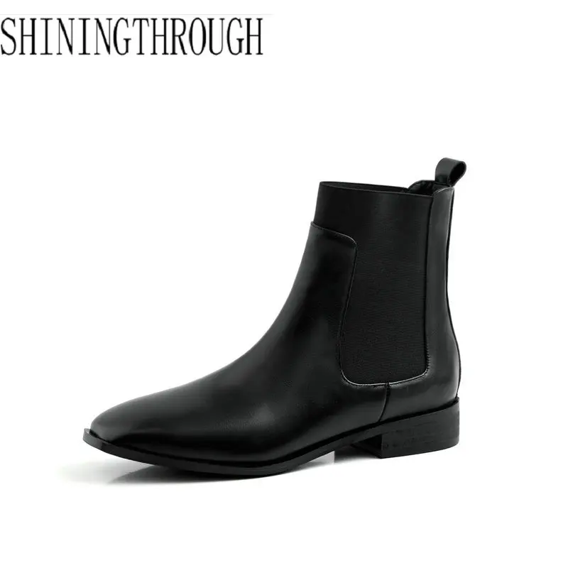 

Autumn Winter Fashion Square Toe Low Heels Women Ankle Boots Slip-on Short Boots Genuine Leather Party Shoes Woman