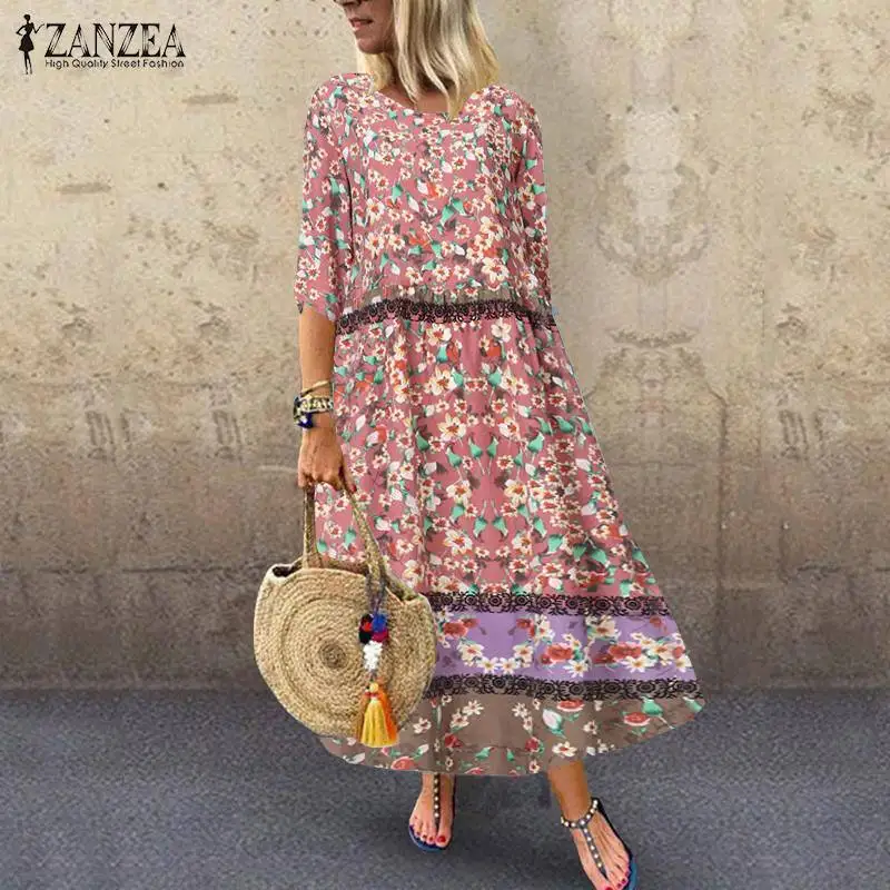 Vintage Women's Printed Maxi Dress ZANZEA Autumn Sundress Casual 3/4 Sleeve Linen Vestidos Patchwork Robe Plus Size S-5XL