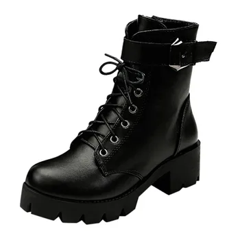 

Winter boots women shoes 2020 ankle boots for women Bare Round Toe Lace-Up Bare Boots Middle Square Heel Short Shoes