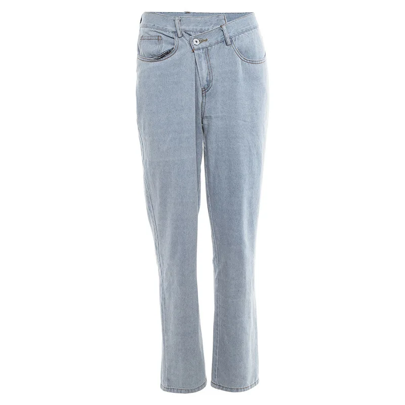 2019 Модные женские синие свободные джинсы повседневные Асимметричные талии прямые брюки отбеленные длинные карманы джинсовые брюки
