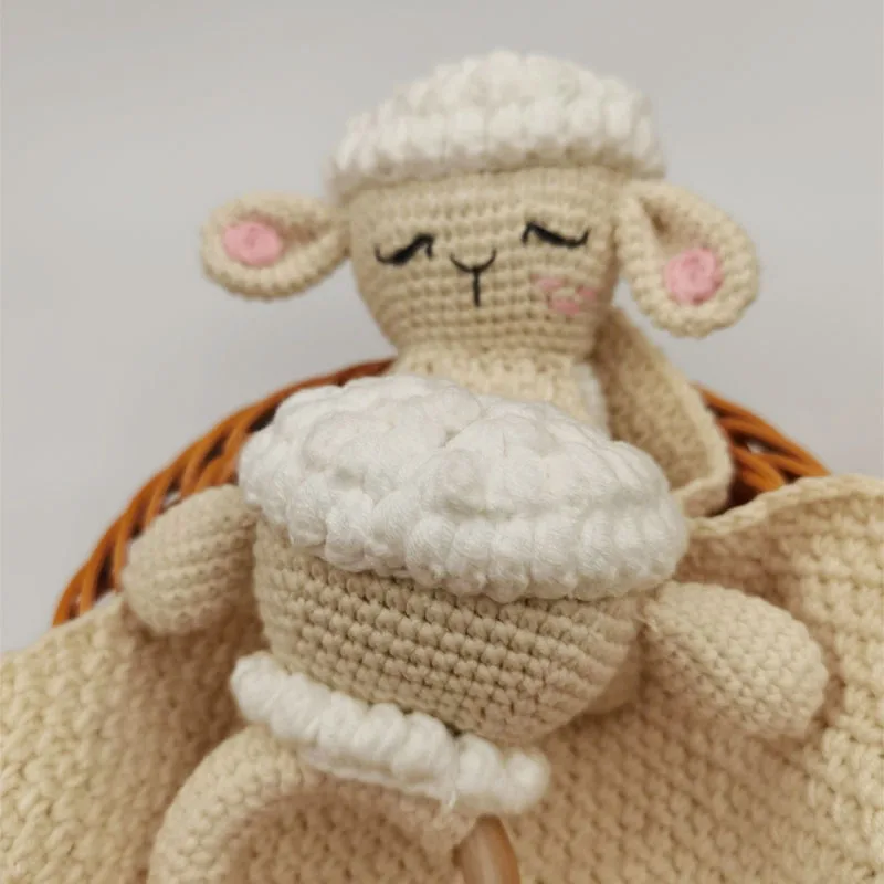 Crochet Sheep Rabbite Toy Set Comfort towel Baby Rattle Biting Ring Handmade Baby Teething Ring Stuffed Plush Toys Gifts 4