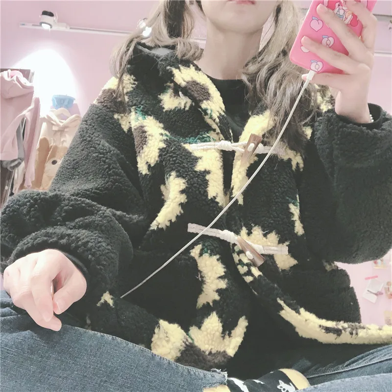 Winter Retro Lamb Wool Coat female Small fresh Soft sister Loose Wild Cute Sunflower Jacquard Girls Long Sleeve Cotton Jacket