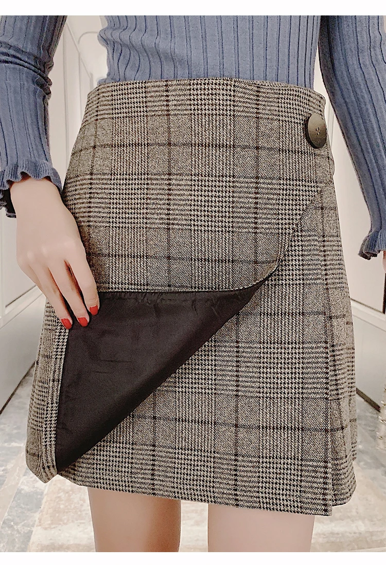 Faldas mujer moda, юбка с высокой талией для женщин, трапециевидная, на пуговицах, в клетку, официальная, Корейская, юбки для женщин, harajuku, Зимняя юбка, 7798 50