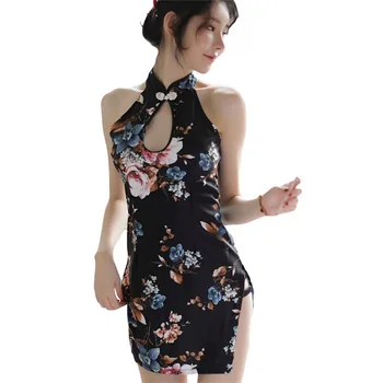 

Chinese Style Cheongsam Printed Sleep Wear Night Dress Women Elegant Sexy Women Clothing Silk Lingerie Vintage Hot Erotic
