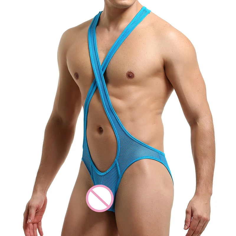 Sexy Mesh Men Undershirts Bodysuits Jockstrap Lingerie Transparent Jumpsuit Wrestling Singlet Underwear Erotic Open Butt Catsuit