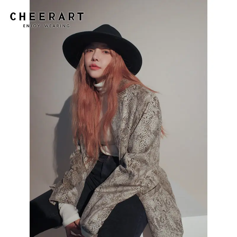 CHEERART, змеиный принт, длинные блейзеры, Женские Дизайнерские Пальто, свободные блейзеры и куртки, открытая спина, блейзеры для женщин, высокая уличная мода