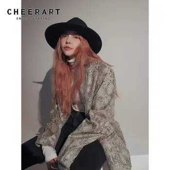 

CHEERART Snake Print Long Blazers Women Designer Coat Loose Blazers And Jackets Open Back Blazers Female High Street Fashion