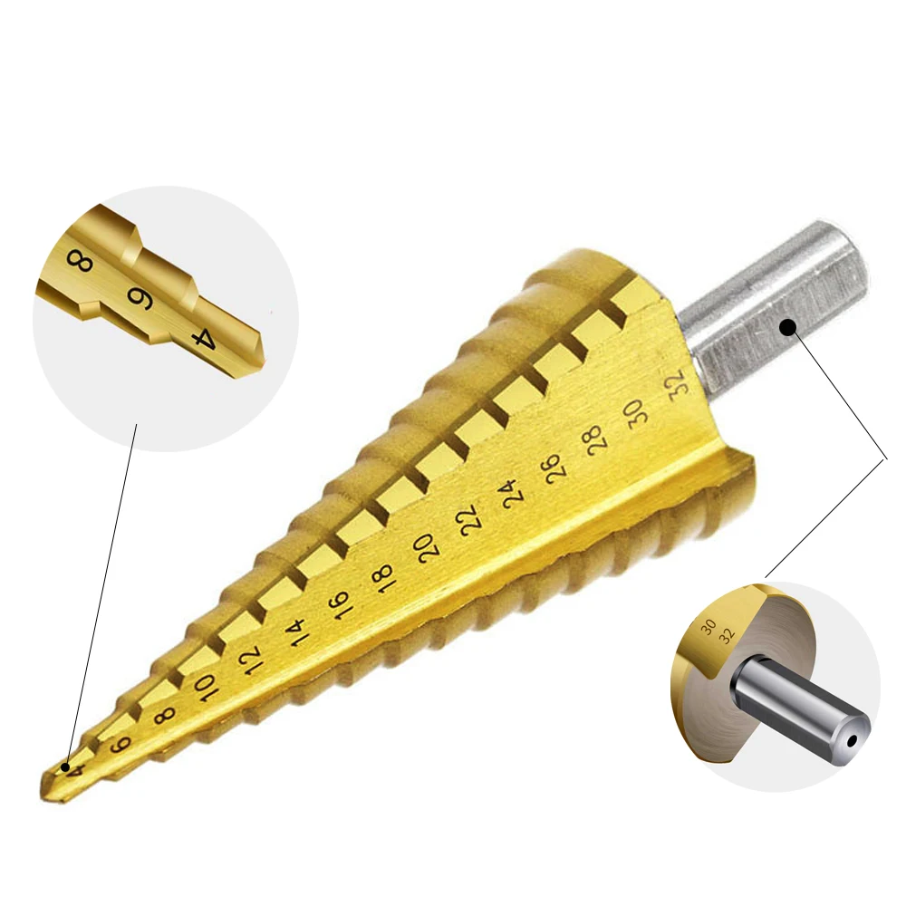 Drill Bit 6542 Titanium Coated Step Drill Wood Set Power Tools for Metal High Speed Steel Hole Cutter Step Cone Center Drills Drill Bit 6542 Titanium Coated Step Drill Wood Set Power Tools for Metal High Speed Steel Hole Cutter Step Cone Center Drills