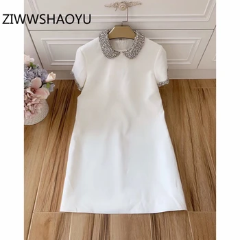 

ZIWWSHAOYU Summer Women Short Sleeve White Dress Runway Designer Ladies Luxurious Diamonds Fashion Casual Mini Dresses Vestidos