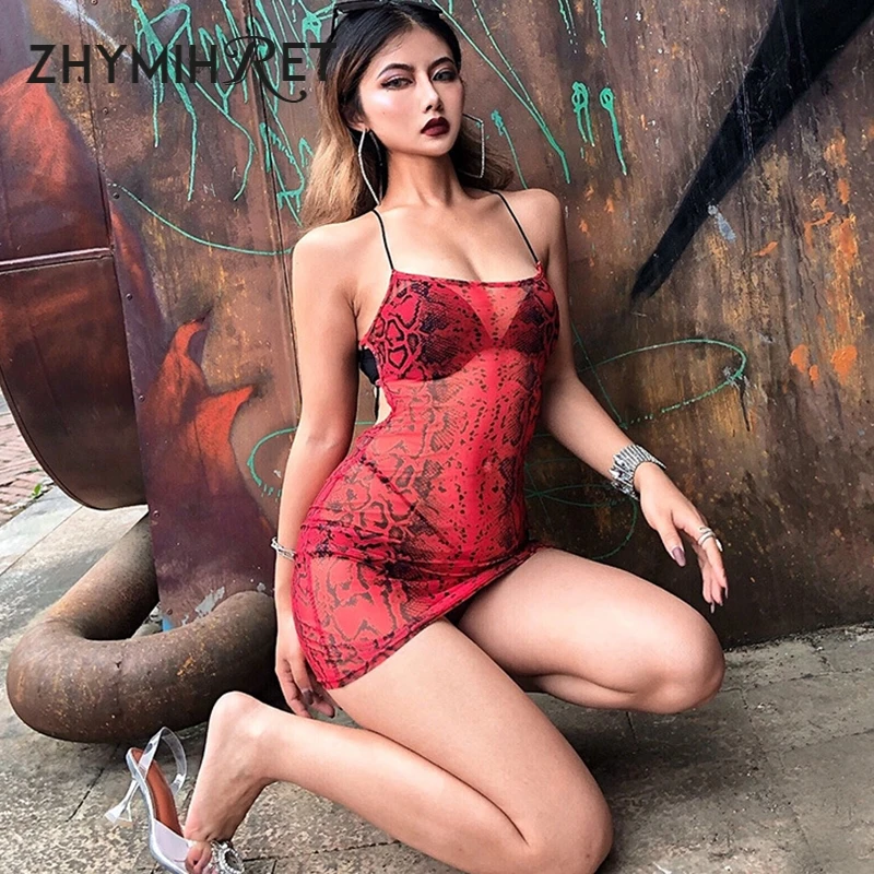 

ZHYMIHRET Sexy Halter Snake Print Mini Mesh Summer Dress 2019 Backless Lace Up Robe Femme See Through Vestidos Bodycon Dress
