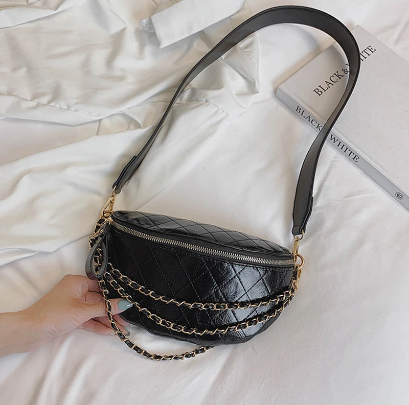 Женская Кожаная поясная сумка, сумка на пояс, модная полиуретановая поясная сумка на цепочке, набедренная сумка, черная ромбическая Женская поясная сумка, нагрудная сумка через плечо
