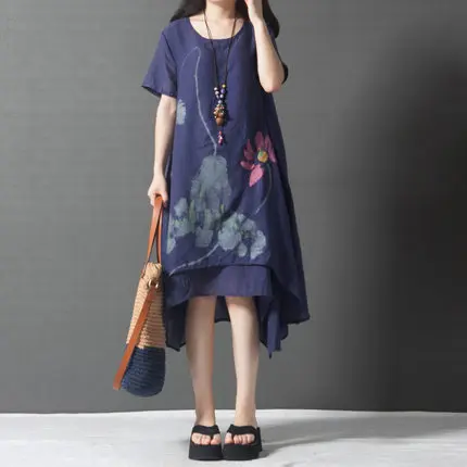 

Summer Wear New Style Korean-style Loose And Plus-sized Women's Dress Printed Crew Neck Double Layer Short-sleeve Dress