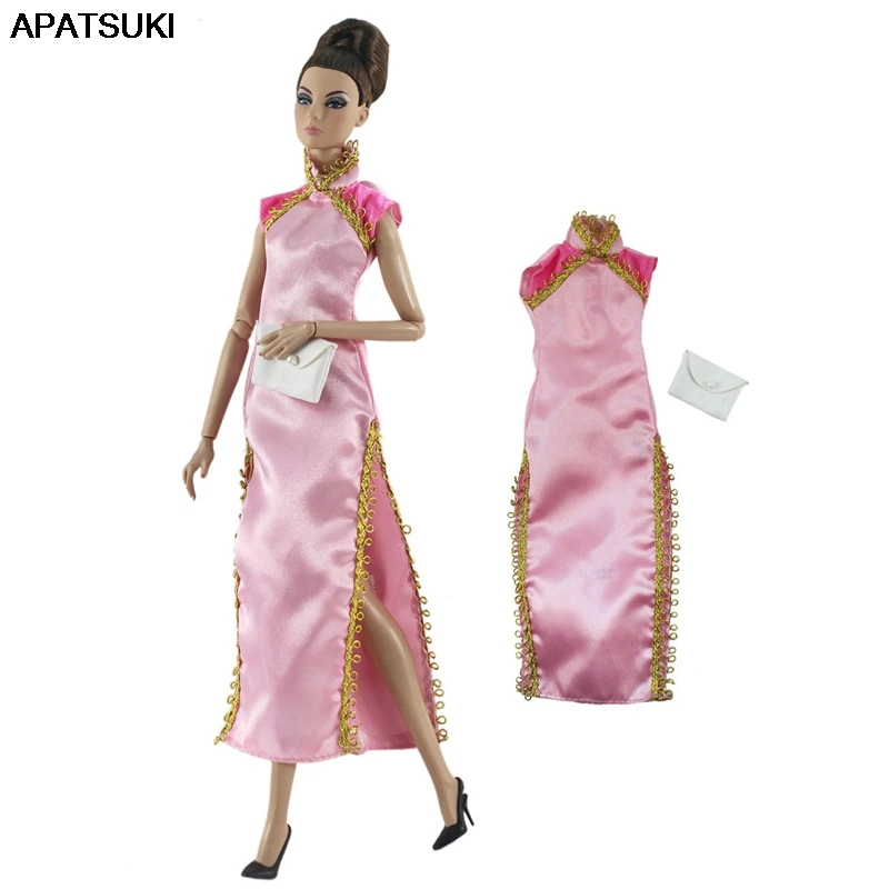 Розовый китайский Ципао Cheongsam платье для куклы Барби Одежда Сумочка вечернее s