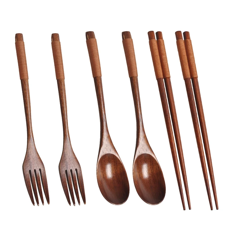 Wooden Flatware Set Eco Friendly Portable Spoon Fork Chopsticks Tableware Dinnerware with Khaki Twining Thread | Дом и сад
