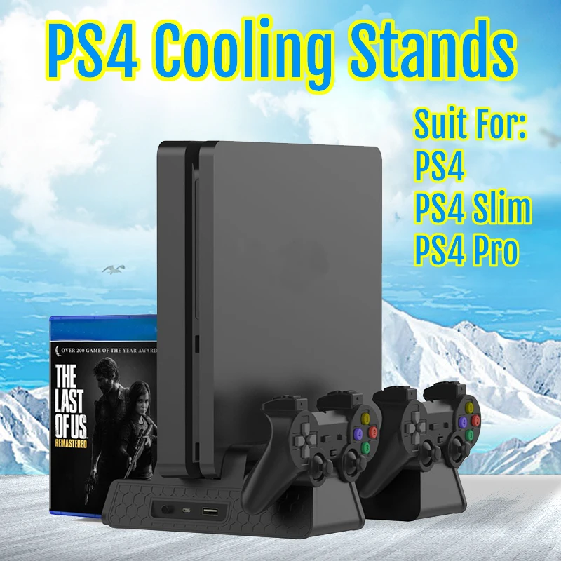 PS4 Slim/PRO вертикальная подставка с 3 вентиляторами охлаждения двойной контроллер