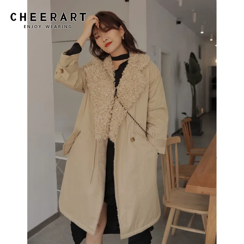 CHEERART зимнее пальто Женская парка цвета Хаки длинная флисовая куртка на шнуровке с меховым воротником пальто теплая куртка Женское пальто одежда