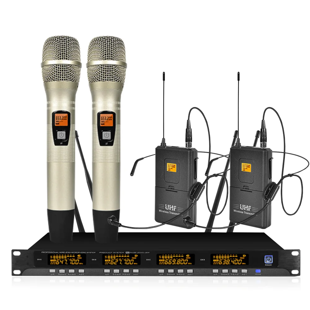 

Professional Wireless Microphone System Four Channel Microphone Wireless Two Handheld Two Headset Microphone School Lecture