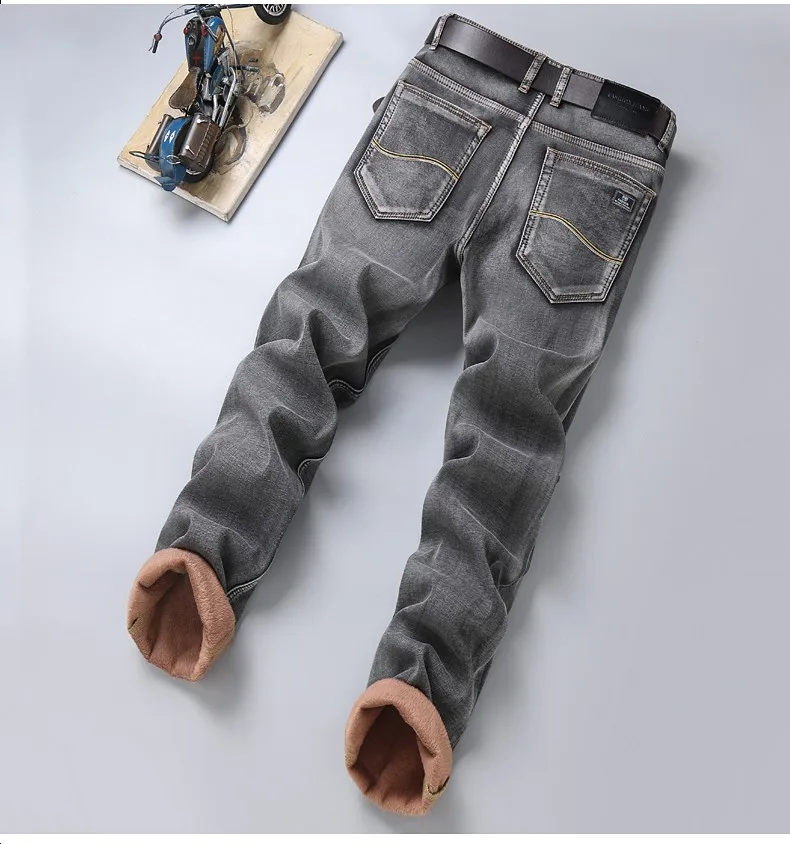 blue jeans for men 2021 Straight Leg  Thick Pants Male Brand Trousers Winter Warm Men's Fleece Jeans  Gray Cotton Regular Fit Stretch Denim black ripped jeans mens