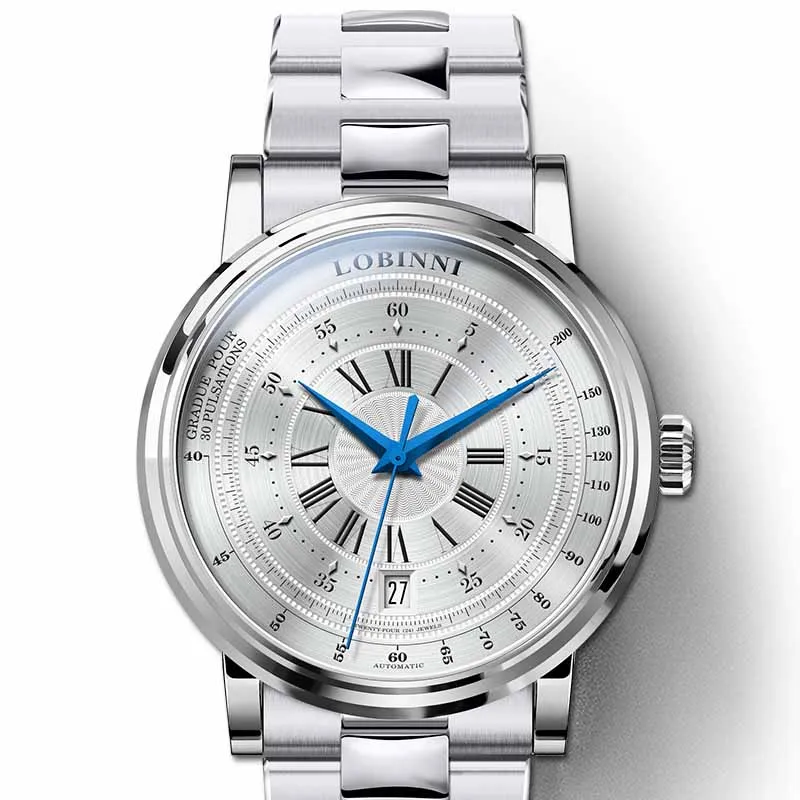 Роскошные брендовые LOBINNI Мужские механические часы лучший бренд часы мужские стальные кожаные автоматические часы мужские 50 м водонепроницаемые мужские часы - Цвет: White Silver Steel