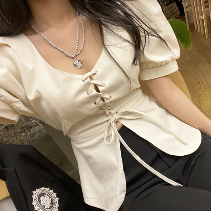 

ZOSOL Chic Retro Design Low V-neck Drawstring Cross Strap Waist Hugging Slim Puff Sleeve Shirt Top for Women womens clothing