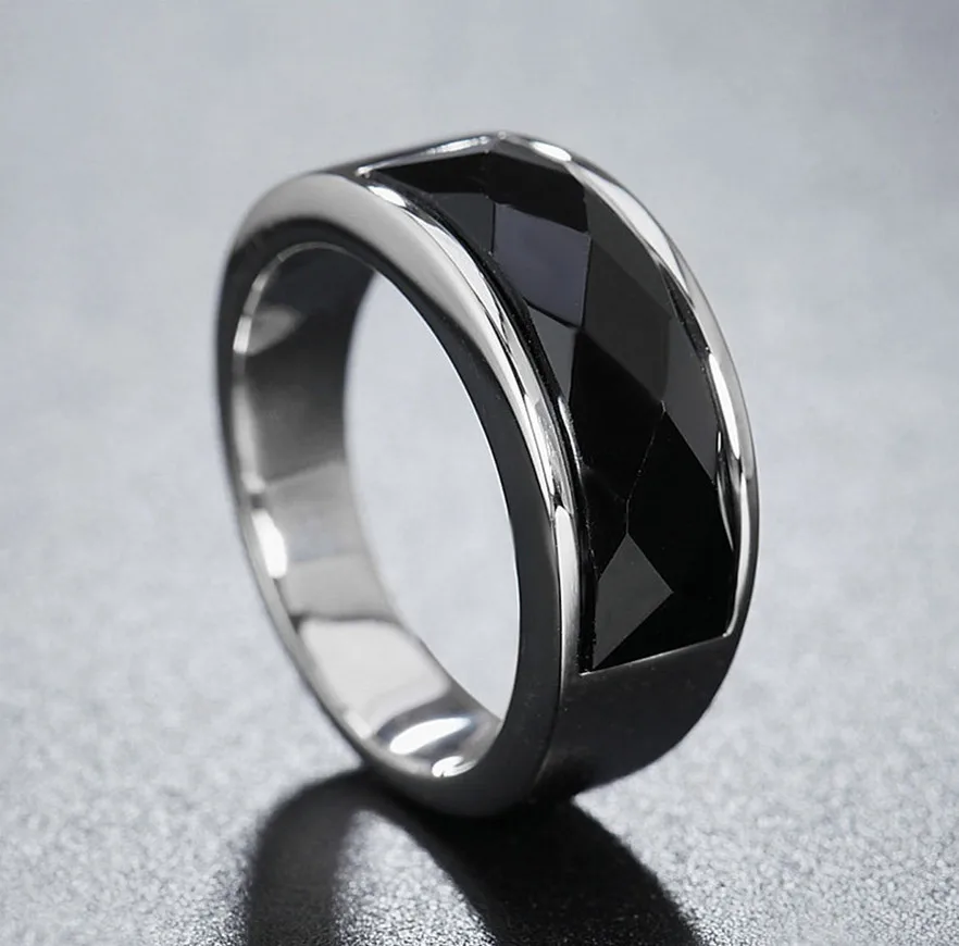 Золотое и серебряное кольцо с черным камнем для мужчин и женщин мальчик ониксовый Агат Камень Обручальное кольцо из твёрдого титана крутые ювелирные изделия SIZE7-11