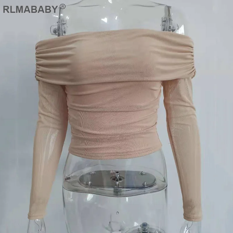 RLMABABY с открытыми плечами, с длинным рукавом, сексуальная Сетчатая футболка, топы для женщин, весна-осень, открытая спина, прозрачные женские футболки, повседневный укороченный топ - Цвет: Apricot