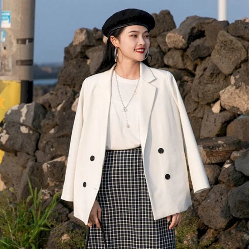 Women's long sleeved office jacket Korean round neck slotted formal black and white spring autumn 2020 | Женская одежда