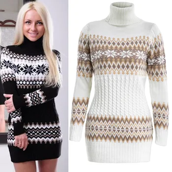 

Turtleneck Print Europe Women Cloth Mini Bodycon Brief Long Sleeved Sweater Dress