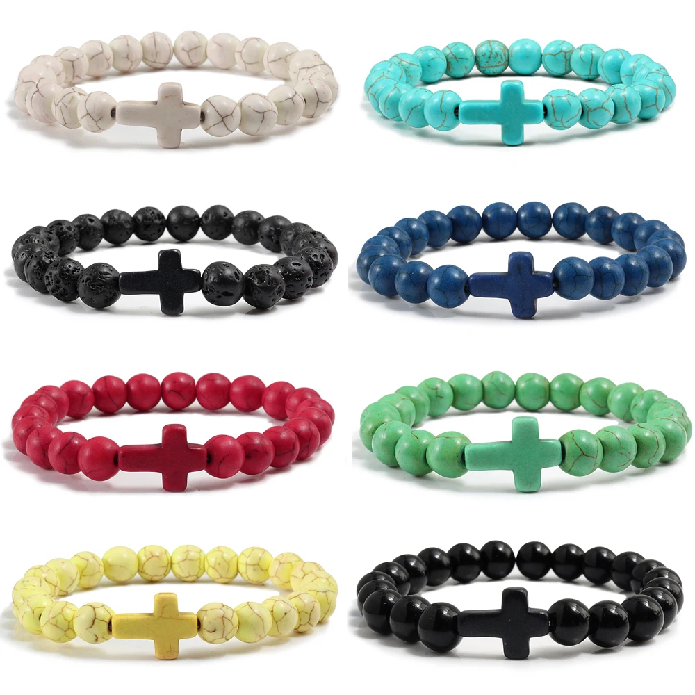 Moda Gesù Croce Bracciali In Pietra Naturale Charm Blue Pine Stone Black Lava Matte Beaded Bracciali Braccialetti Donna Yoga Jewelry