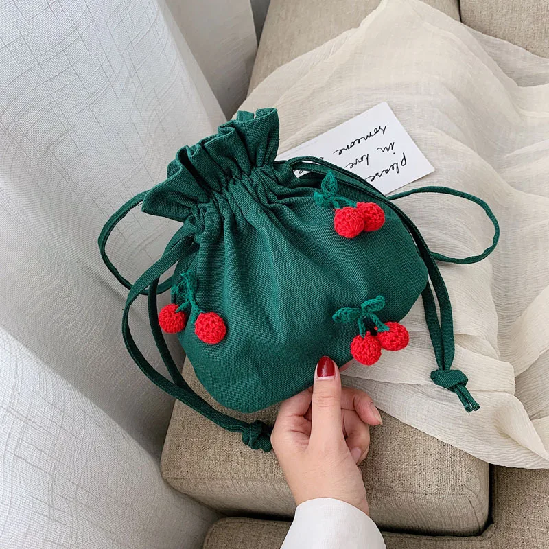 

2019 String Women Bucket Bag Solid Cherry Canvas Messenger Bag Students Shoulder Bag For Sweet Female Crossbody
